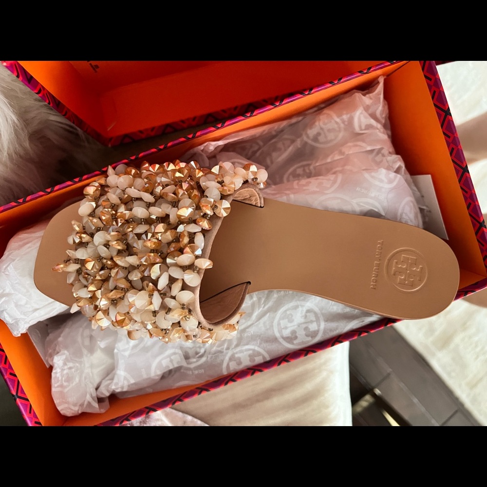 Tory Burch Logan Crystal Slide in Nude